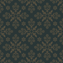 Gold seamless pattern on dark green background with floral elements. Design for wallpaper and fabric. Editable vector file.

