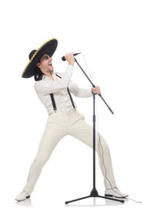 Funny man wearing mexican sombrero hat isolated on white