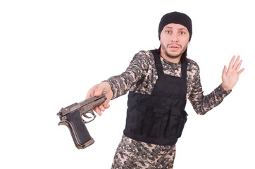 Fototapeta na wymiar Surrendering man in military uniform holding gun isolated on