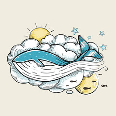 Romantic Whale Swimming in Clouds Retro Design