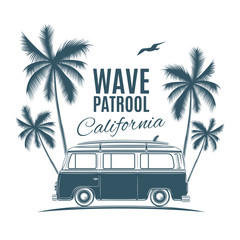 Vintage, retro surf van with palms and a gull.