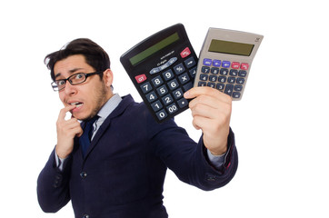 Funny man with calculator isolated on white