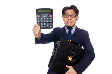 Funny man with calculator isolated on white