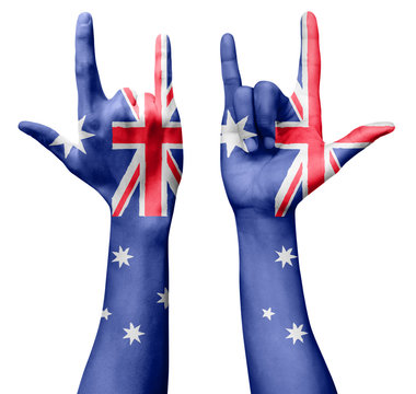 Hands making I love you sign, Australia flag painted, multi purpose concept - isolated on white background, illustration.