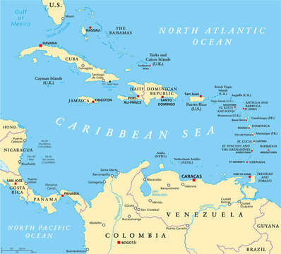 Caribbean political map with capitals, national borders, important cities, rivers and lakes. English labeling and scaling. Illustration.