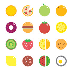 Colorful round fruits, vegetables, dishes and food icon set for market or cafe