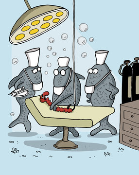 Funny cartoon of fishes as medical team operating a worm underwater