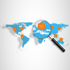 Fototapeta na wymiar World map with magnify targeting business background