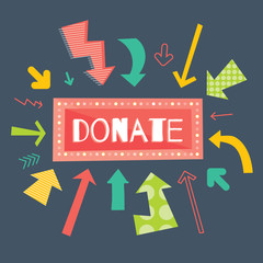 Donate red button with colorful arrows pointing on it. Dark background.