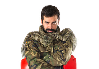 Soldier with boxing gloves