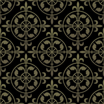 Golden gothic seamless pattern. Geometrical royal elements in a medieval style. Ornament for a tiles and mosaics. Vector illustration
