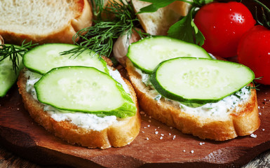 Bruschetta with white sauce and cucumber, selective focus