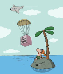 Funny cartoon about desert island and seafood