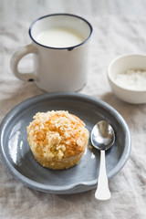 muffin in a vintage plate and a mug of milk on a light background