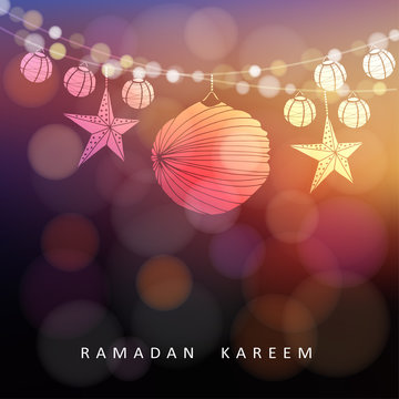 Illuminated paper lanterns and stars with lights, Ramadan vector