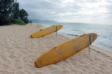 Surfing boards and red flags on the beach before a storm, Laniakea Beach, Oahu, Hawaii
