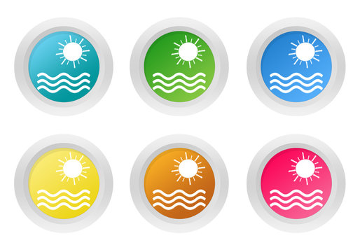 Set of rounded colorful buttons with beach symbol