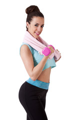 Naklejka premium girl with towel and dumbbells