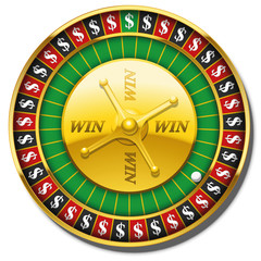 Roulette wheel with dollar symbol instead of numbers and the words WIN on the golden plate. Isolated vector illustration on white background.