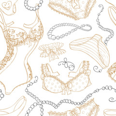 Vintage seamless background with lingerie and beads line sketch