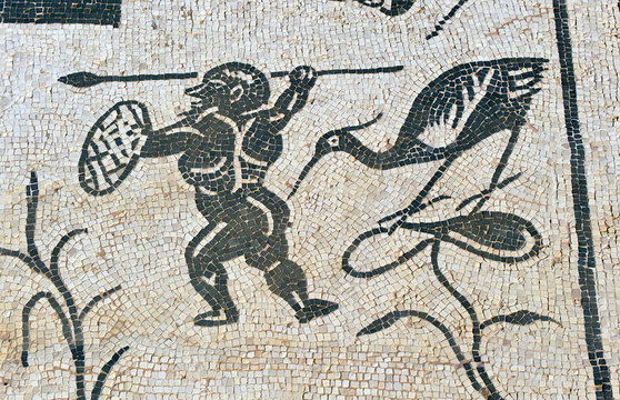 Casa de Neptuno, pigmeo y garza, mosaicos romanos de la ciudad de Itálica, Santiponce, Sevilla, España