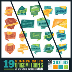 Set of 19 Origami Styled Summer Sales Related Labels in 3 Color Variations + 3 Bonus Vintage Textures