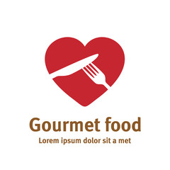 Lovely food logo template. Fork and knife silhouettes with heart