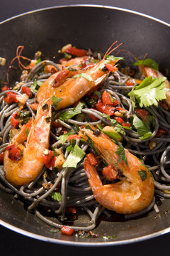 shrimp with black noodles