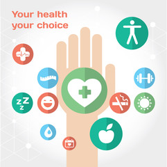 Medical care flat icon composition with hand