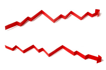 Red rising and  falling arrow on isolated white background