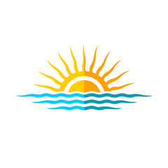 Fototapeta na wymiar Travel logo template. Sun with sea waves.