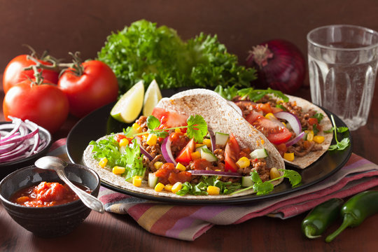 mexican tacos with beef tomato salsa onion corn