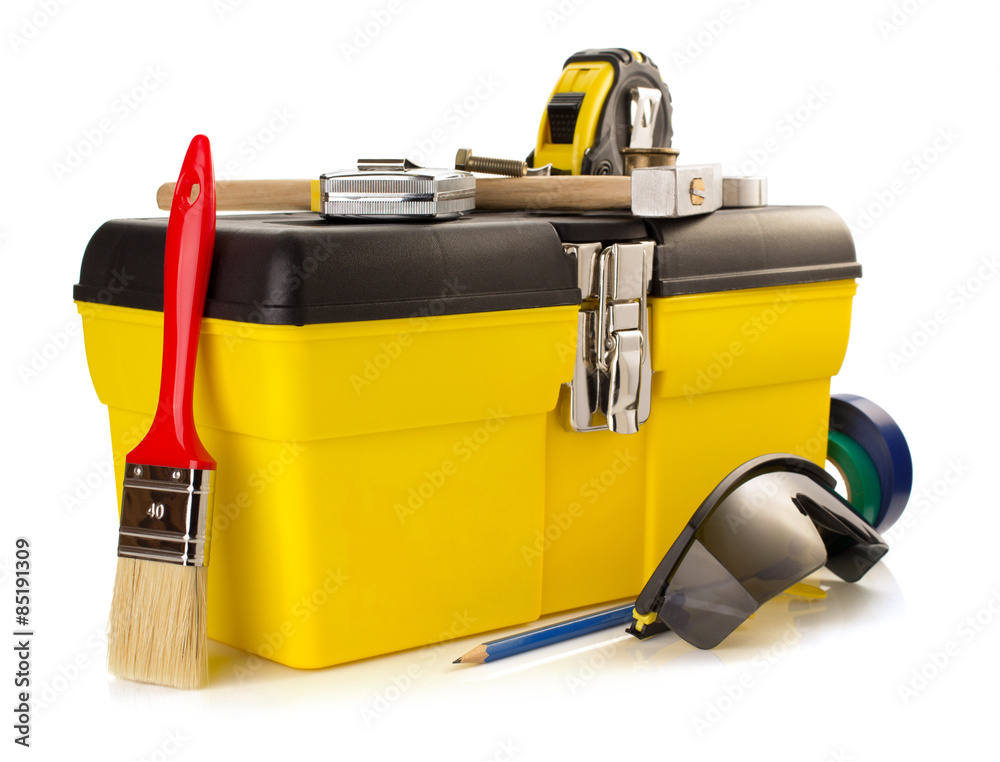 Wall mural tools and instruments with toolbox on white