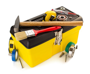 tools and instruments with toolbox on white