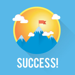 Vector success and win concept. Flag on the mountain peak.