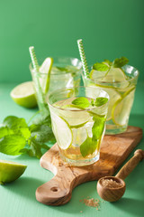 fresh mojito cocktail and ingredients over green background