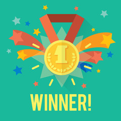 Vector success win concept with gold medal and fireworks.