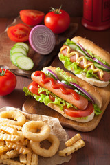 hotdog with ketchup mustard vegetables and french fries