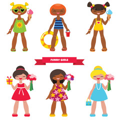 Set of cartoon funny little girls isolated on white