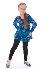 Stylish long-haired girl in blue tank top