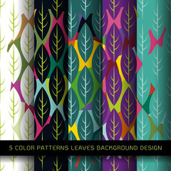Set of 5 colors patterns with leaves and abstract decorative