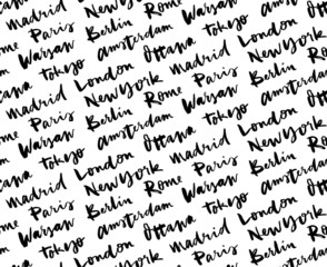 Fototapeta premium Cities of the world seamless pattern. The names of the cities of the world. European cities. Hand lettering. Seamless pattern.
