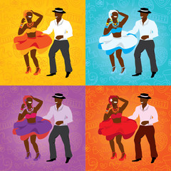 Salsa dancing poster for the party. Cuban couple, palms, musical instruments