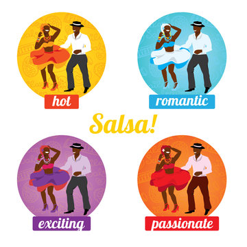 Salsa dancing poster for the party. Cuban couple, palms, musical instruments