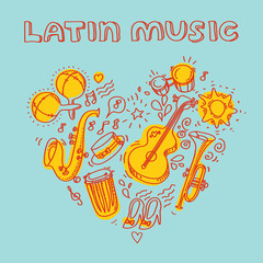 Salsa music and dance illustration with musical instruments, palms, etc.