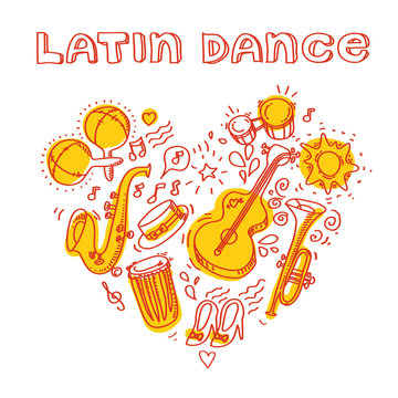 Salsa music and dance illustration with musical instruments, palms, etc.