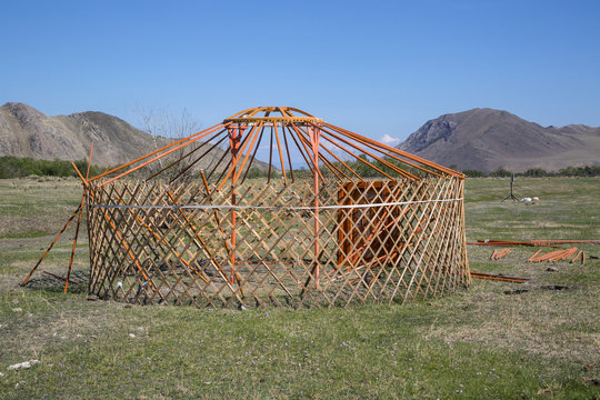 View of national asian yurt in mountains near Baikal lake