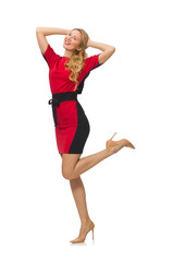 Beautiful lady in red black dress isolated on white