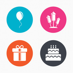 Birthday party icons. Cake and gift box symbol