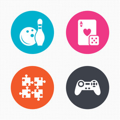 Bowling and Casino signs. Video game joystick.